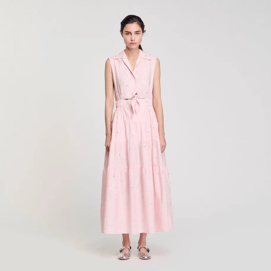 Sandro Roze Maxi Jurk met kristallen - Maat 36 (S), Ophalen of Verzenden, Zo goed als nieuw, Roze, Maat 36 (S)