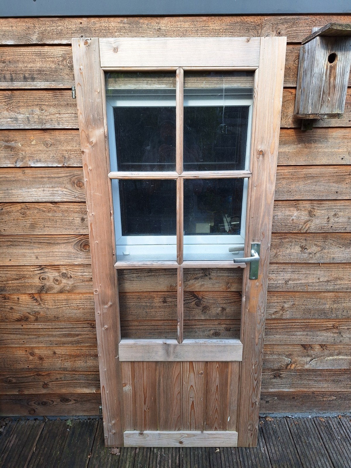 Houten schuurdeur met glas en beslag, Ophalen, Gebruikt, Minder dan 80 cm, Minder dan 200 cm