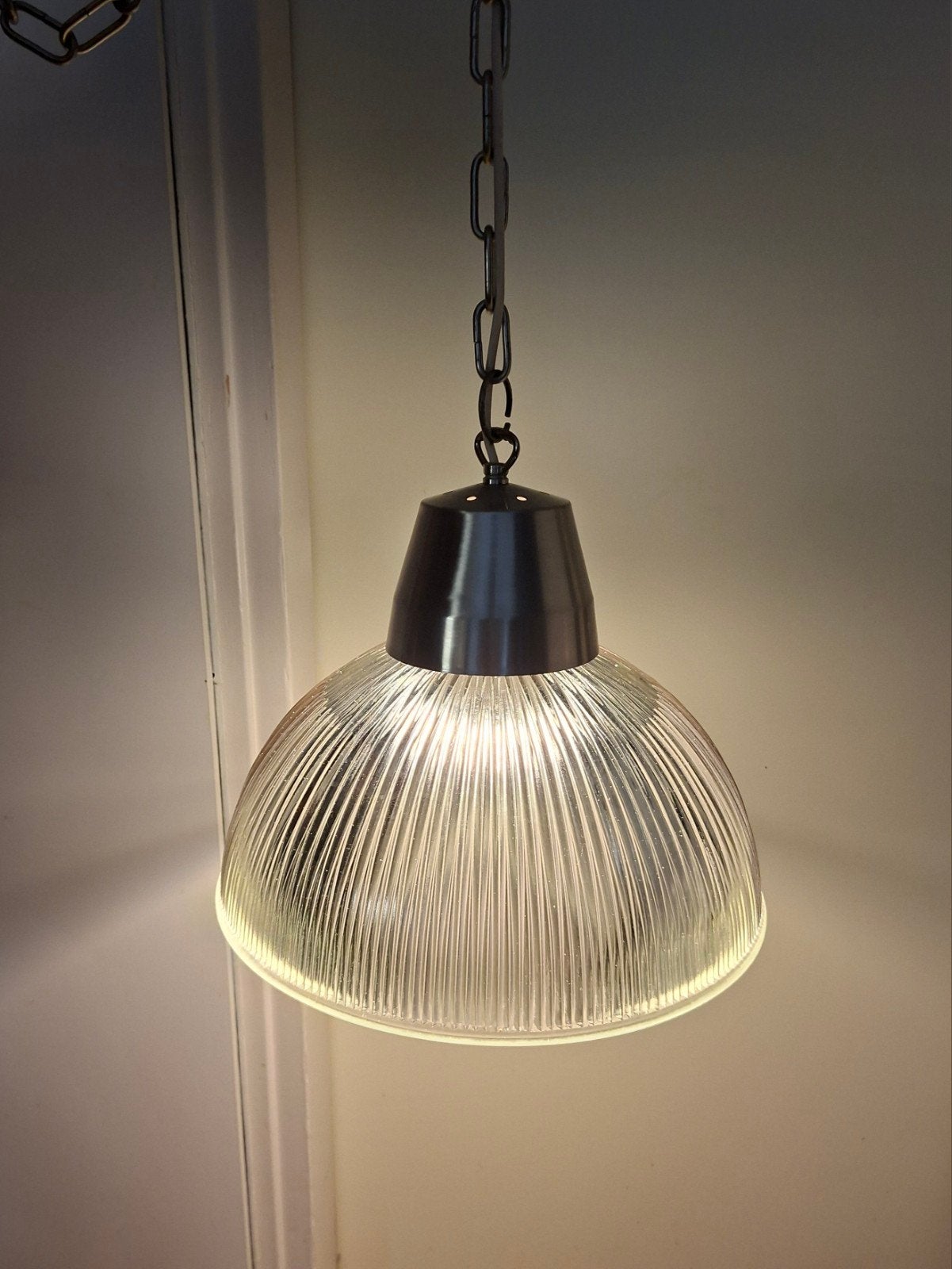 Holofaan glazen hanglamp, zwaar., Ophalen of Verzenden, Gebruikt, Glas, E27 (groot)
