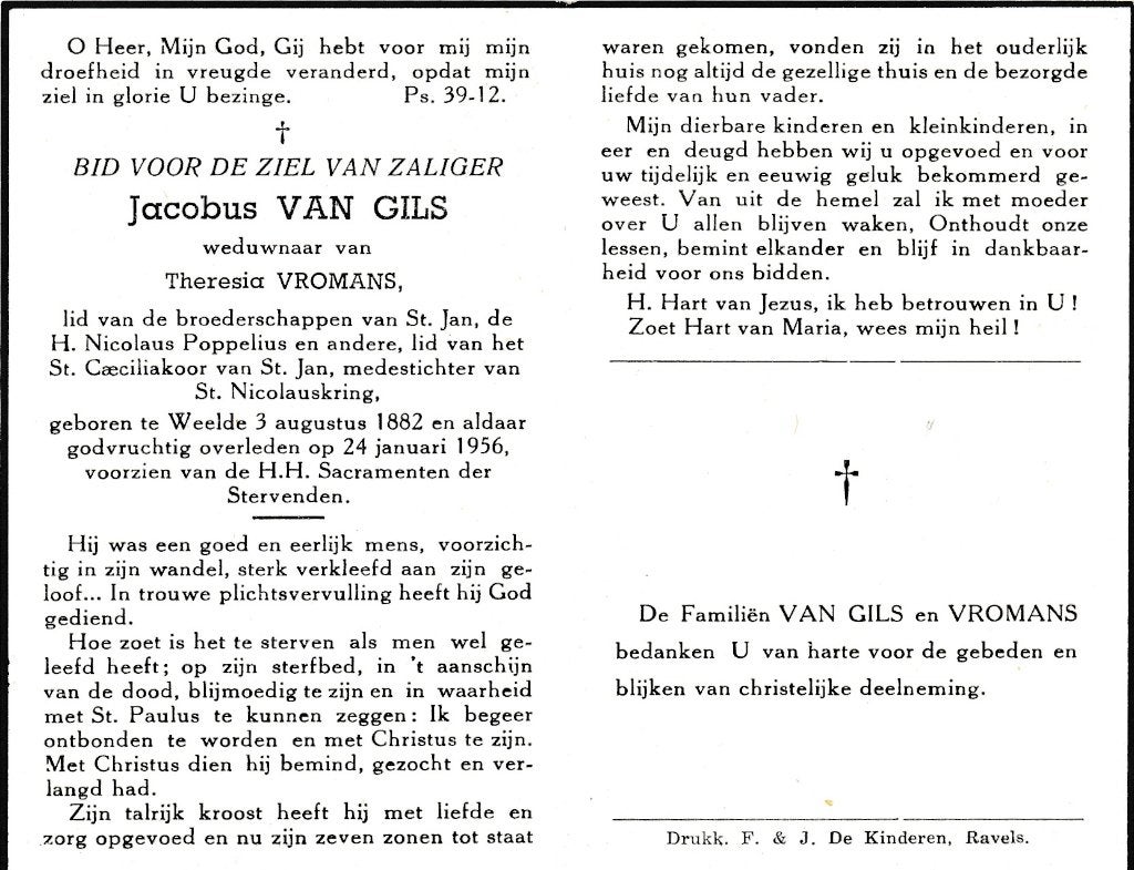 Gils Jacobus 1882 Weelde 1956, Ophalen of Verzenden, Bidprentje