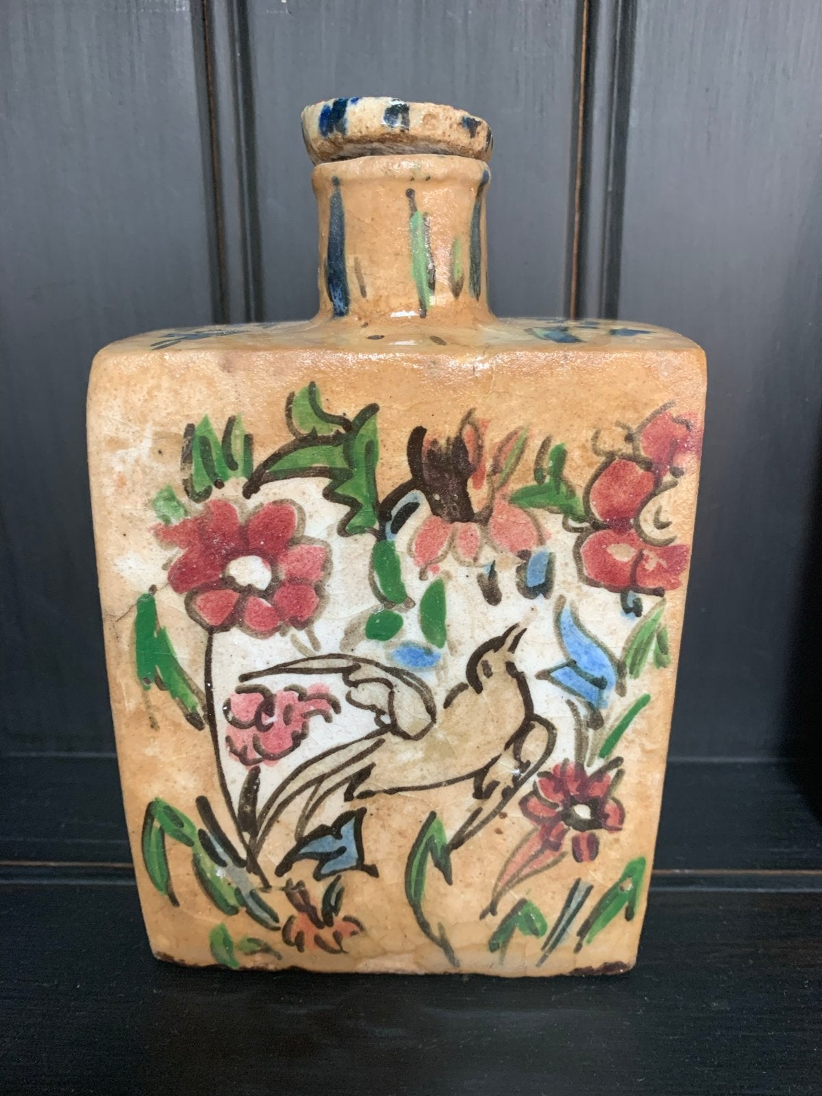 Antieke handgeschilderde aardewerken fles, Antiek en Kunst, Antiek | Vazen, Ophalen of Verzenden