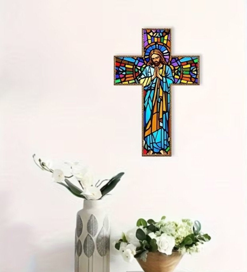 Prachtig Religieus Jezus Kruis in glas in lood stijl, Ophalen of Verzenden, Zo goed als nieuw, Beeld(je)