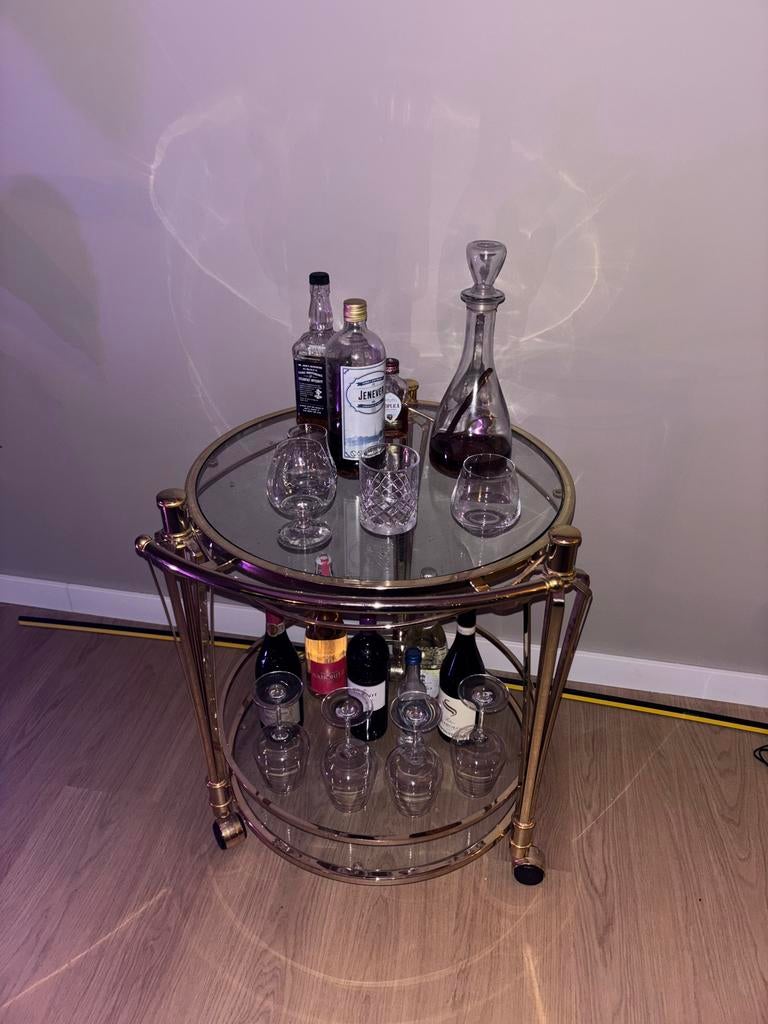 Gouden Drankentrolley met Glazen Bladen, Huis en Inrichting, Woonaccessoires | Overige, Gebruikt, Verzenden