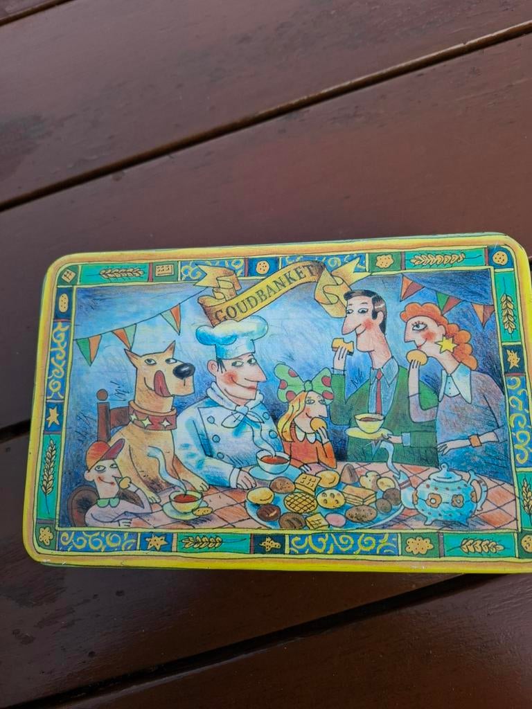 Vintage Edah Goudbanket Koekblik 'Familie' - Retro Design, Ophalen of Verzenden, Gebruikt, Koek(jes), Overige merken