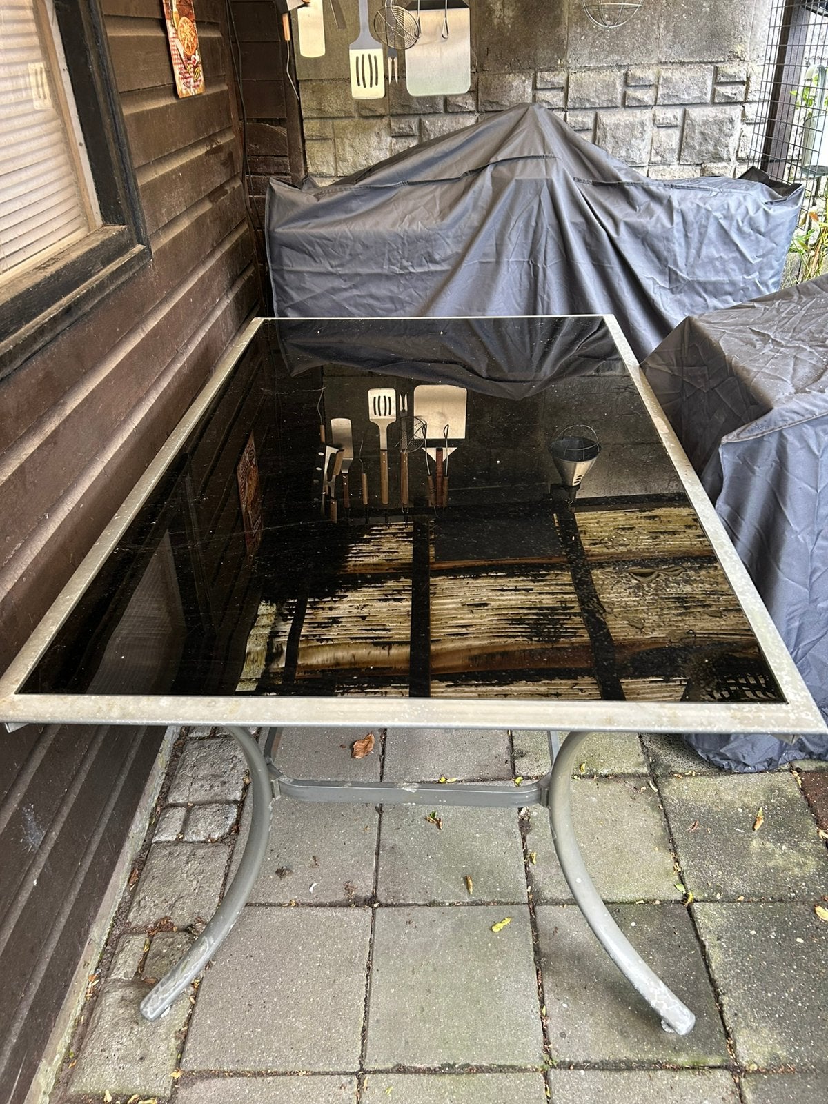 Buiten tafel met glazen blad, Ophalen, Gebruikt, Rechthoekig, Aluminium