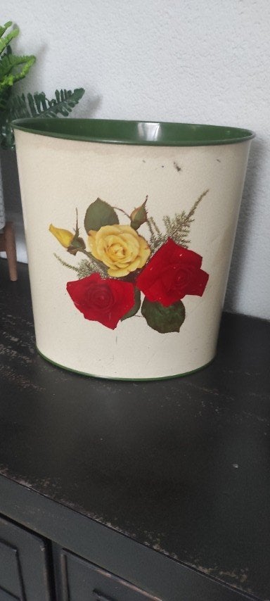 Vintage prullenbak metaal Tomado bloemen, Gebruikt, Ophalen of Verzenden, Minder dan 10 liter, Metaal