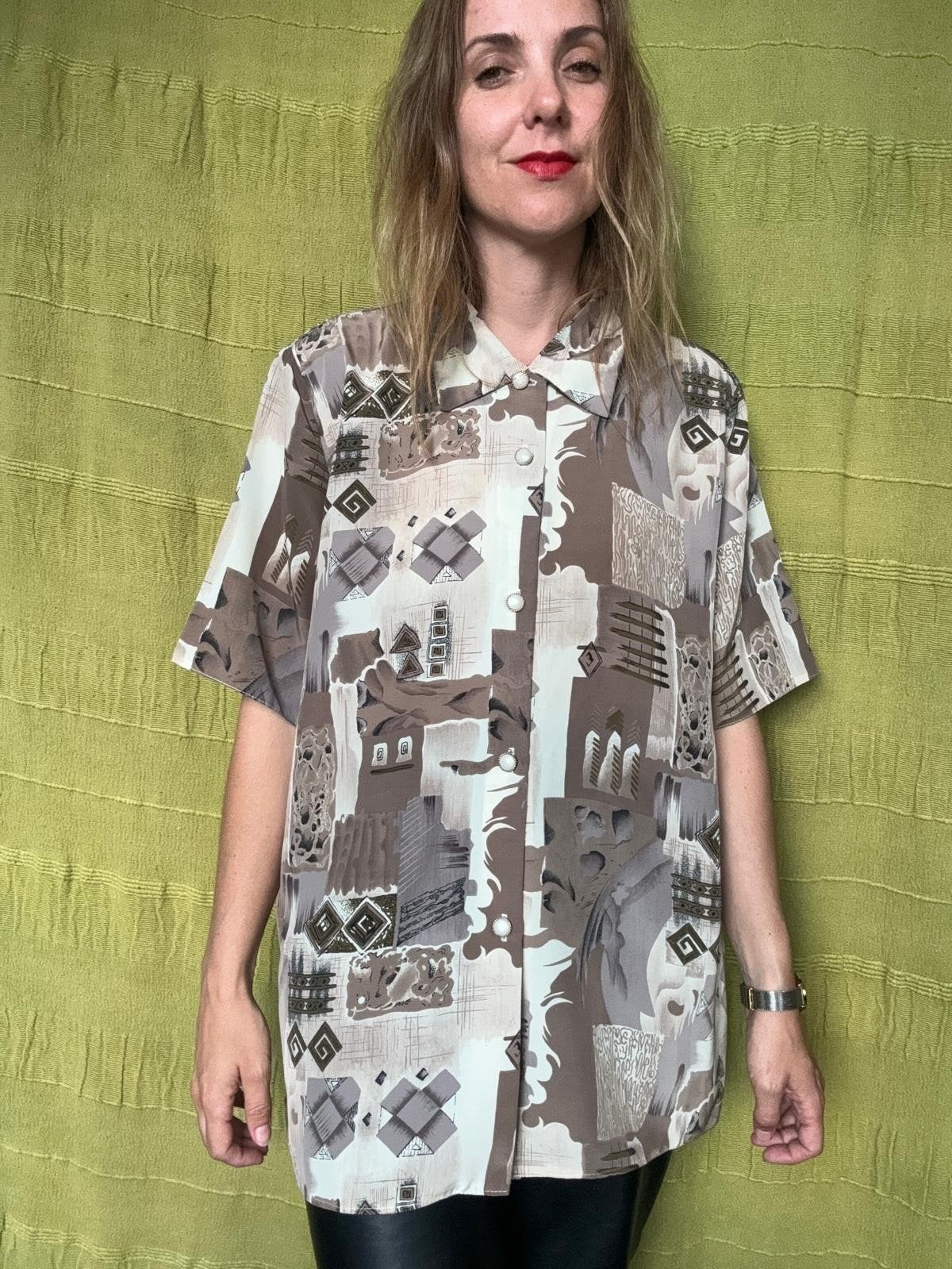 Vintage blouse, maat 44/XXL - bruin - patroon- 90's 90's, Bruin, ,, Maat 42/44 (L), Ophalen of Verzenden