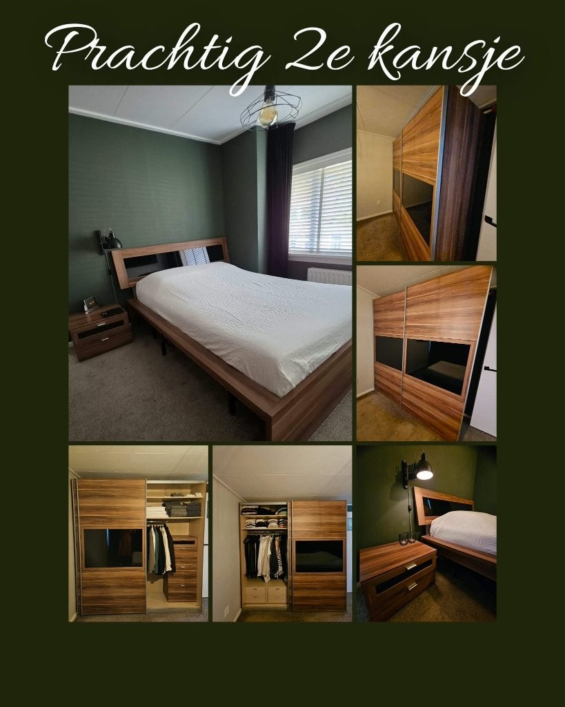Walnoten Slaapkamer Set: Bed, Nachtkastje, Linnenkast, Ophalen, Gebruikt, Tweepersoons, Modern, Walnoot