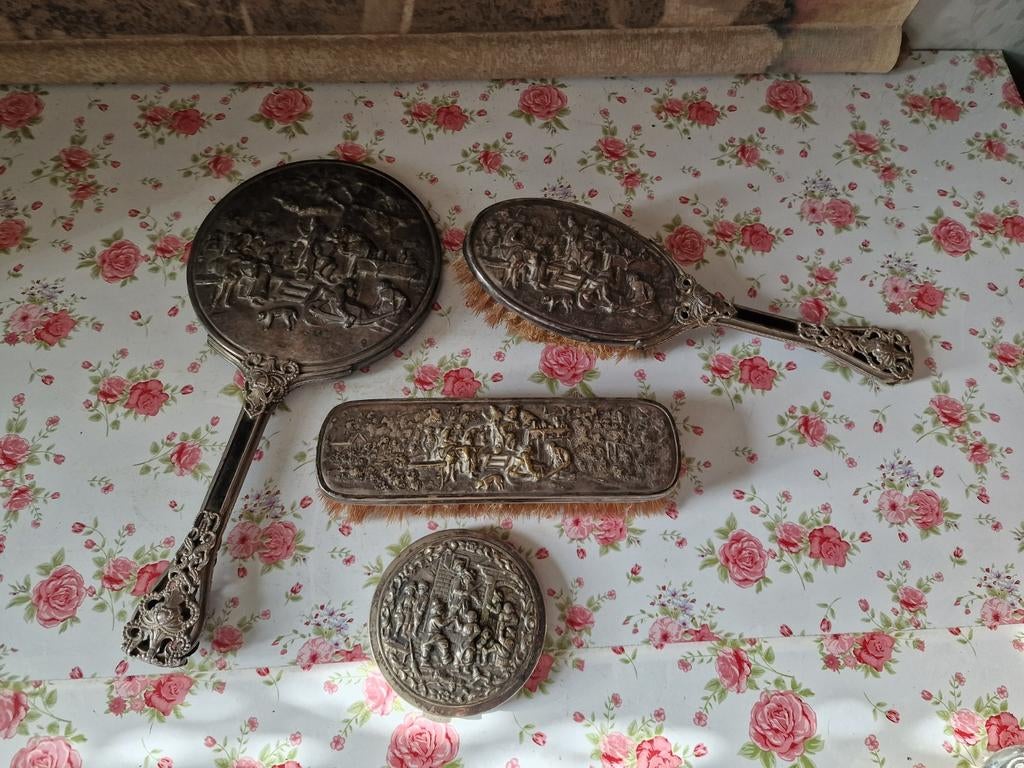 Antiek verzilverde kaptafelset, Antiek en Kunst, Ophalen of Verzenden