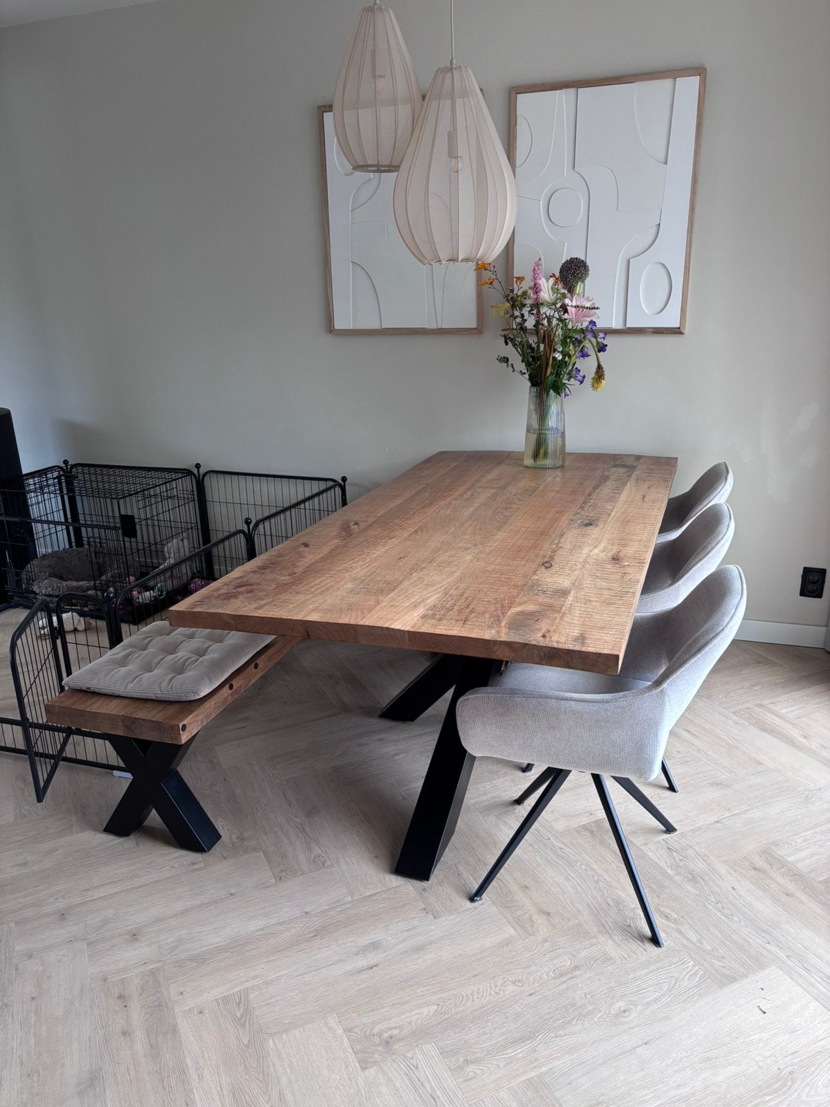 Mooi eettafel met bankje, Ophalen, Gebruikt, 50 tot 100 cm, Vijf personen of meer