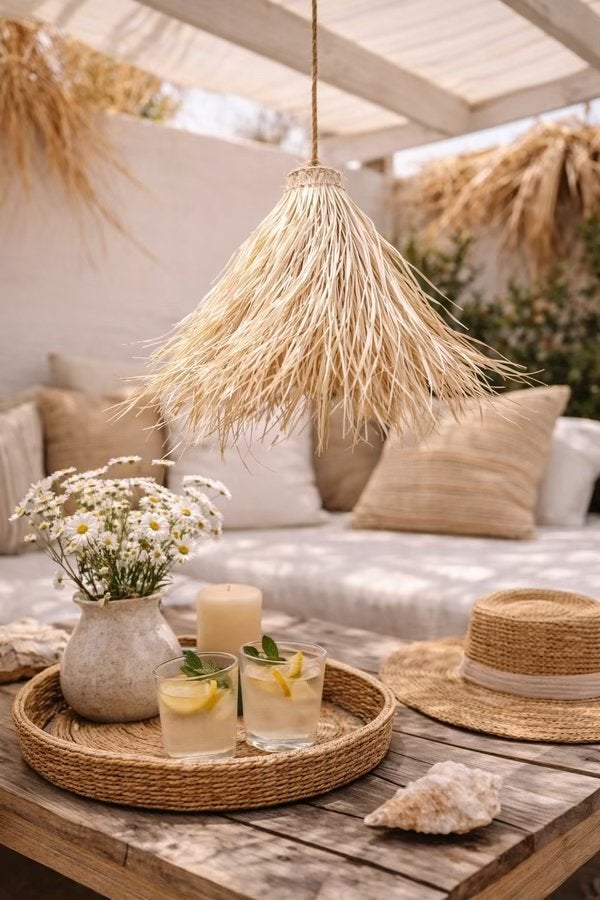 Lampenkap Nora XL - Mediterrane Sfeer van Riet (55x60 cm), Hanglamp, Natuurlijk materiaal, Beige, Nieuw