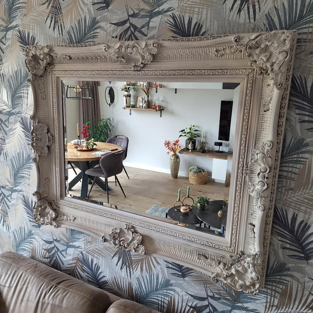 Barok spiegel met geslepen glas White wash, Ophalen, Zo goed als nieuw, 100 tot 125 cm, Minder dan 100 cm