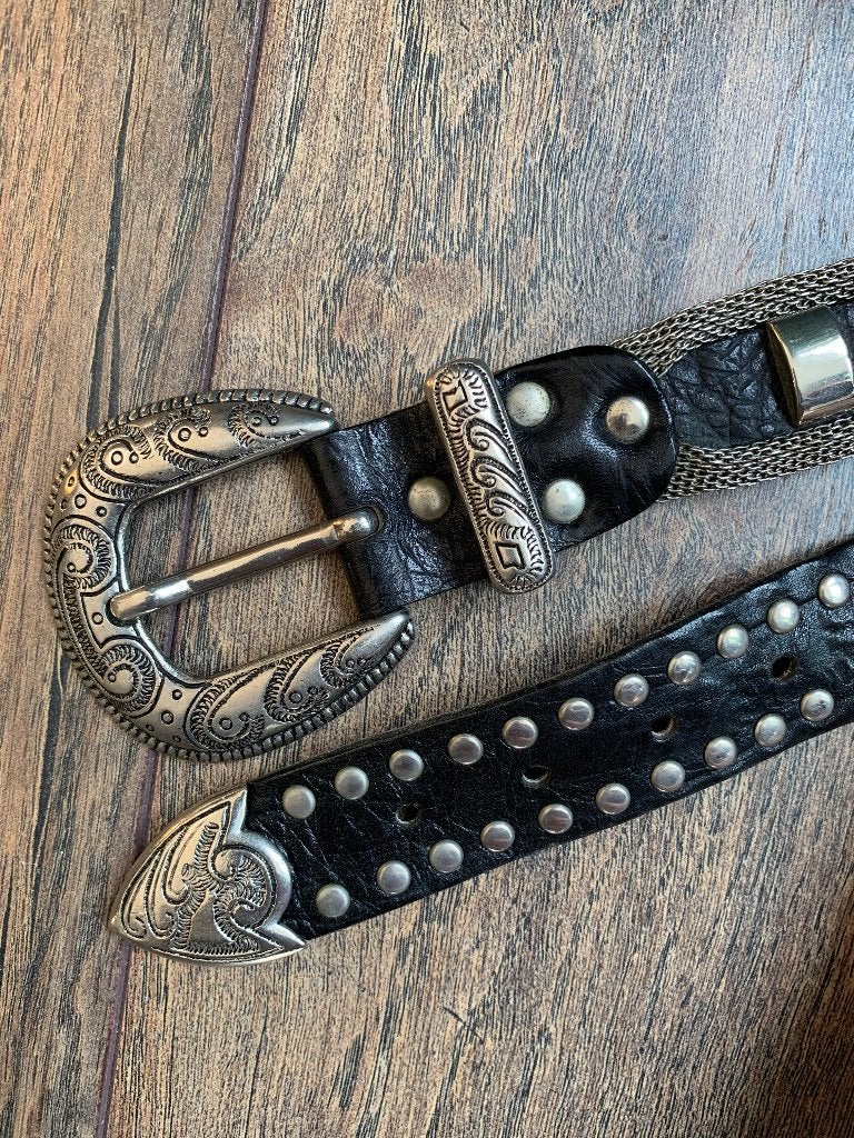 Vintage NANNI Milano riem leren chain belt met studs 444 gr., Kleding | Dames, Ophalen of Verzenden, Gedragen, Zwart, Echt leder