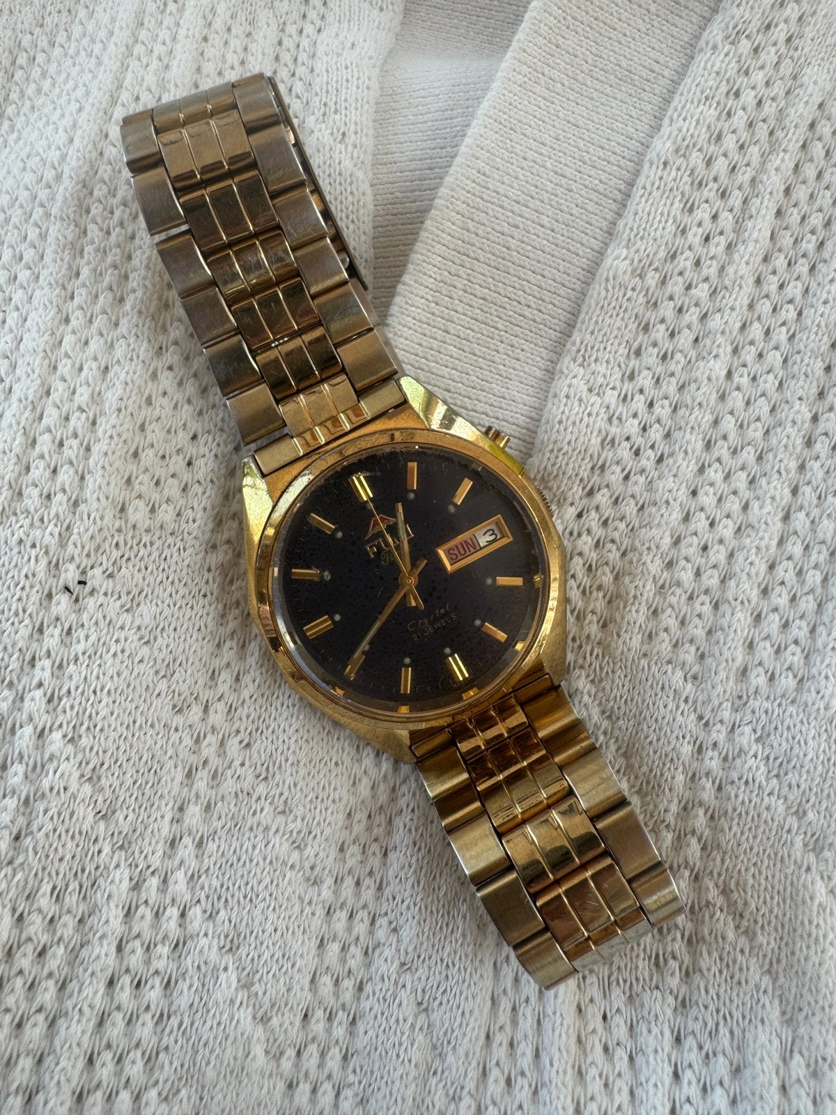 Vintage Fuji Time Crystal 21 Jewels Day-Date | Automatic, Ophalen of Verzenden, Zo goed als nieuw, Leer, Overige merken