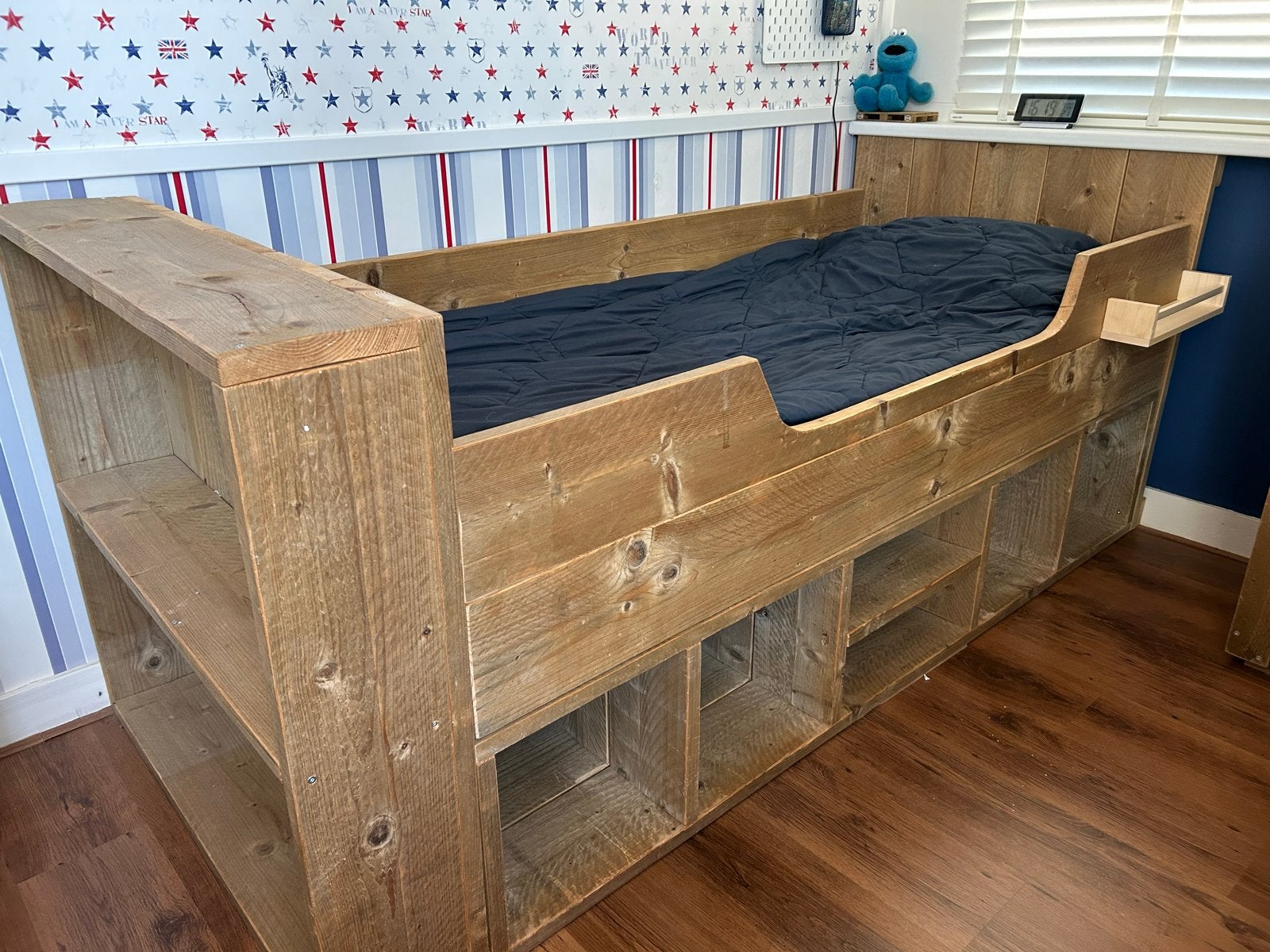 Steigerhouten bed met opbergruimte, Ophalen, Gebruikt, 90 cm, Eenpersoons