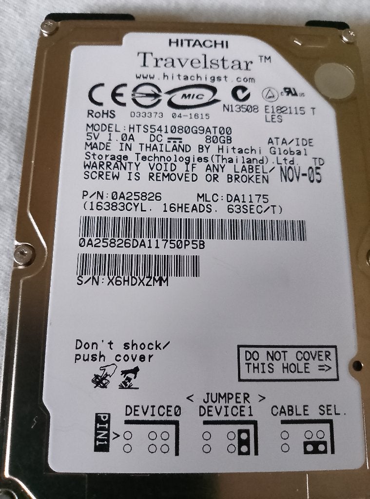 Hitachi Travelstar 80GB, Intern, Gebruikt, PATA, HDD