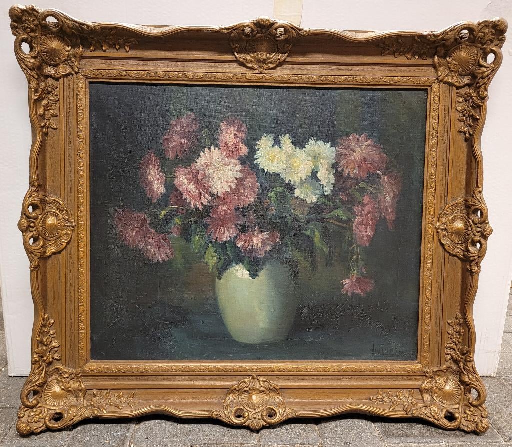 Doek 'Stilleven met chrysanten' gesign. r.o. .... vd Ven, Antiek en Kunst, Kunst | Schilderijen | Klassiek, Ophalen