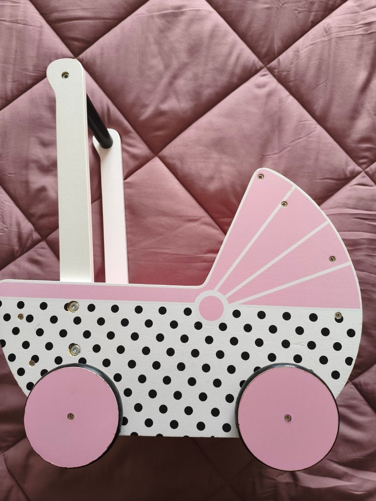 Houten poppenwagen roze met stippen, Ophalen of Verzenden