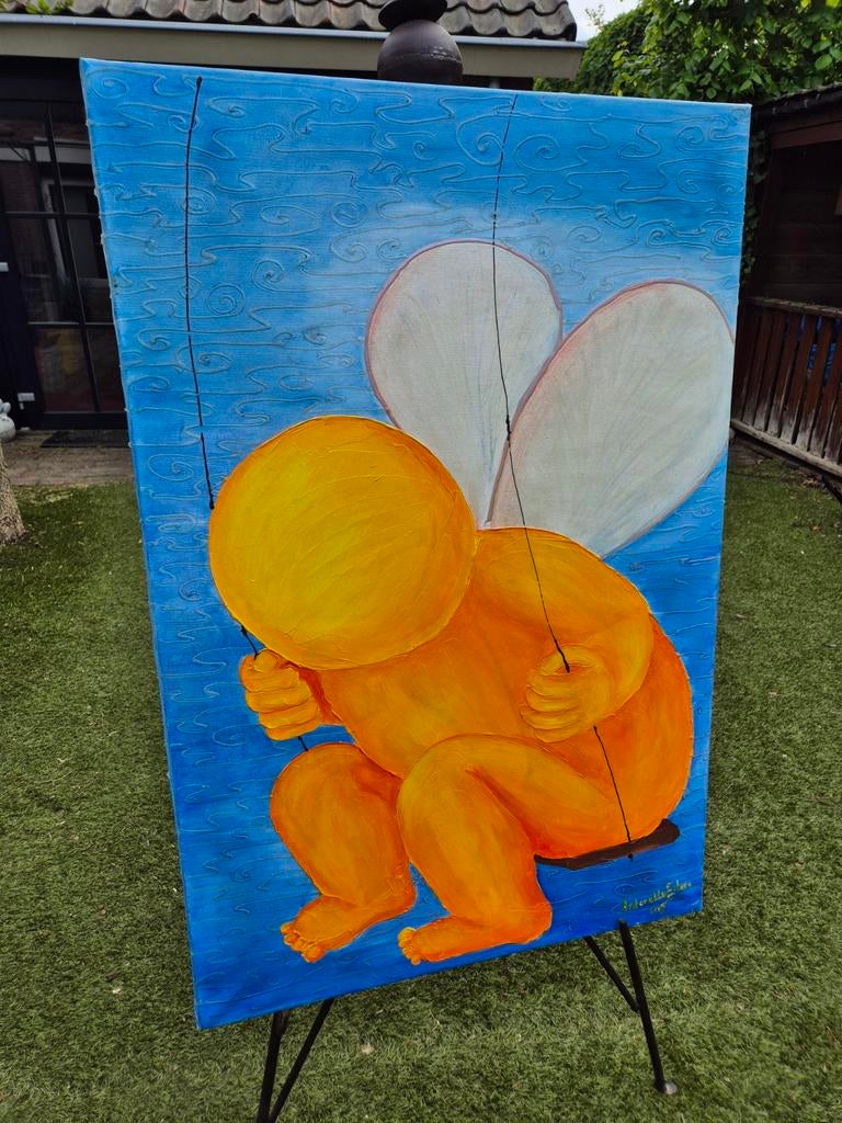 Origineel gesigneerd doek, vrolijke kleuren (80x120 cm), Antiek en Kunst, Ophalen