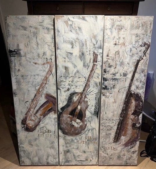 Set van 3 Schilderijen: Muziekinstrumenten (120x40x5 cm), Antiek en Kunst, Ophalen, Acrylverf, Handgeschilderd, Overige onderwerpen