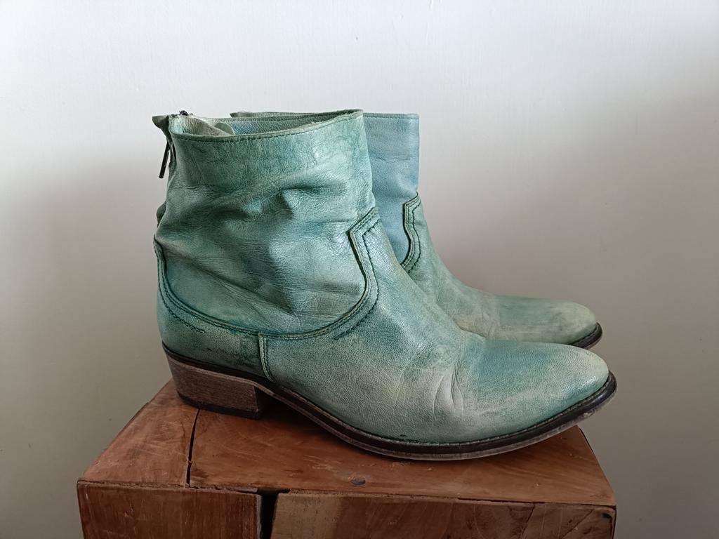 Leuke leren 2-tone groene enkellaarsjes Blink mt 38, Lage of Enkellaarzen, Ophalen of Verzenden, Gedragen, Blink