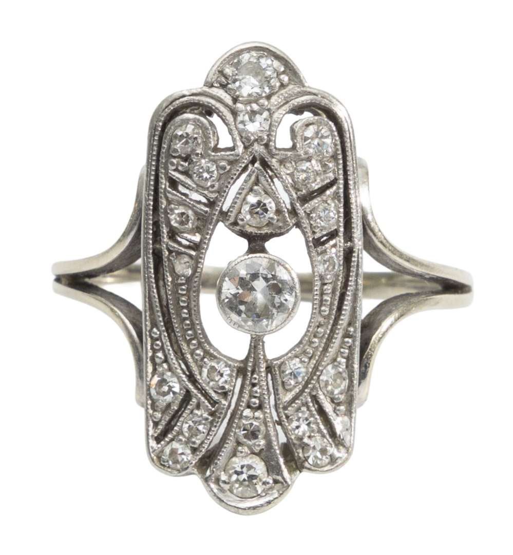 Platina en 14 kt gouden Art Deco ring met diamanten, ca.1910, Sieraden, Tassen en Uiterlijk, Ophalen of Verzenden, Goud, Ring