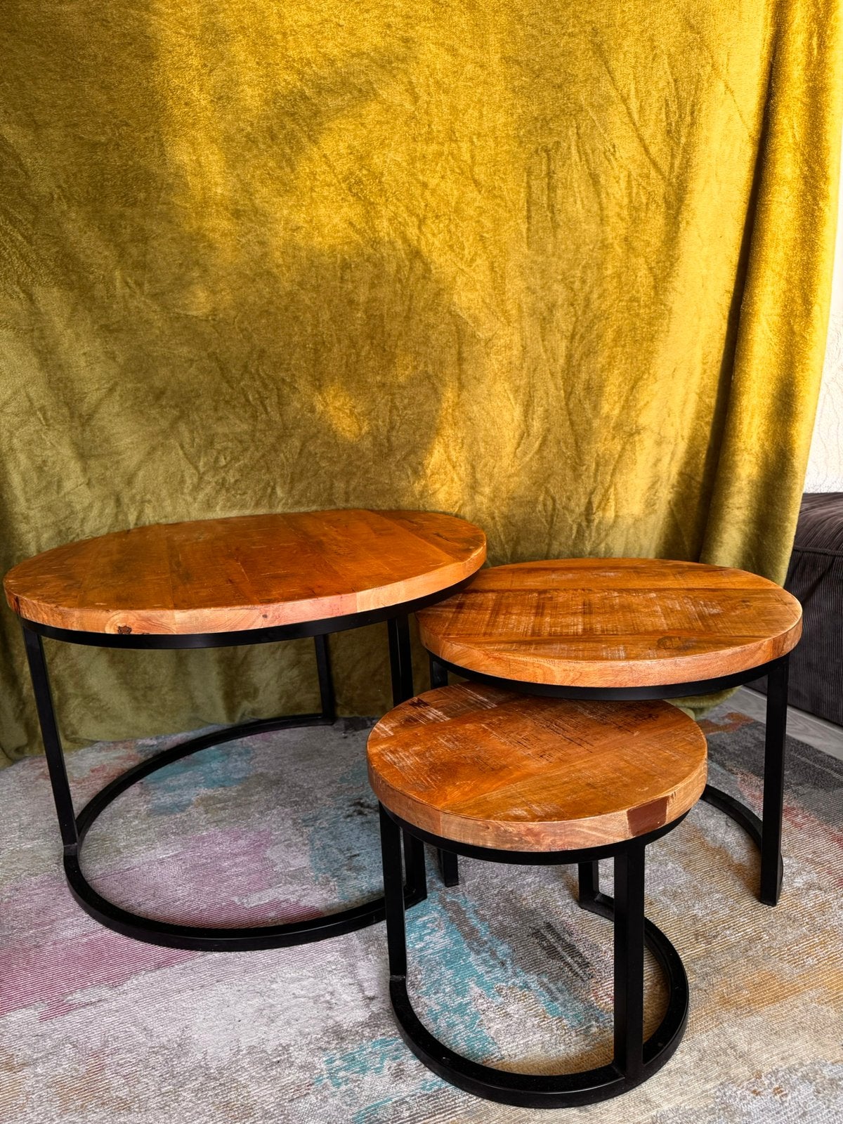 Mangohout Salontafelset - 3 Ronde Tafels, Ophalen, Rond, 50 tot 100 cm, Zo goed als nieuw