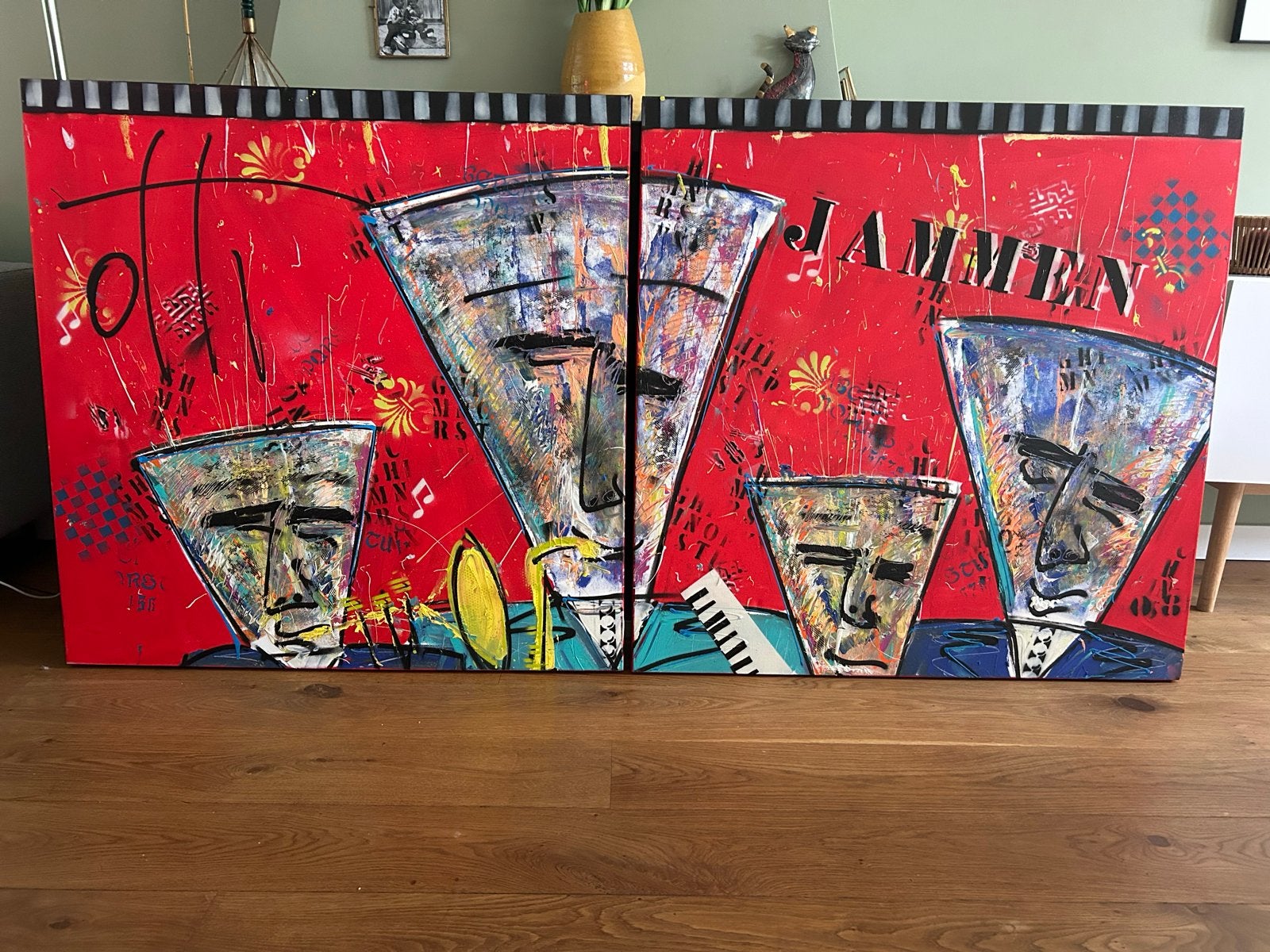 Levendig Jazz Muzikanten Schilderij - Acryl op Canvas 2 luik, Ophalen, Acrylverf, Handgeschilderd, Muziek