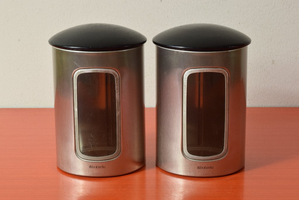 Set van 2 stalen retro vintage Brabantia blikken, Gebruikt, Zilver, Ophalen of Verzenden, Voorraadpot