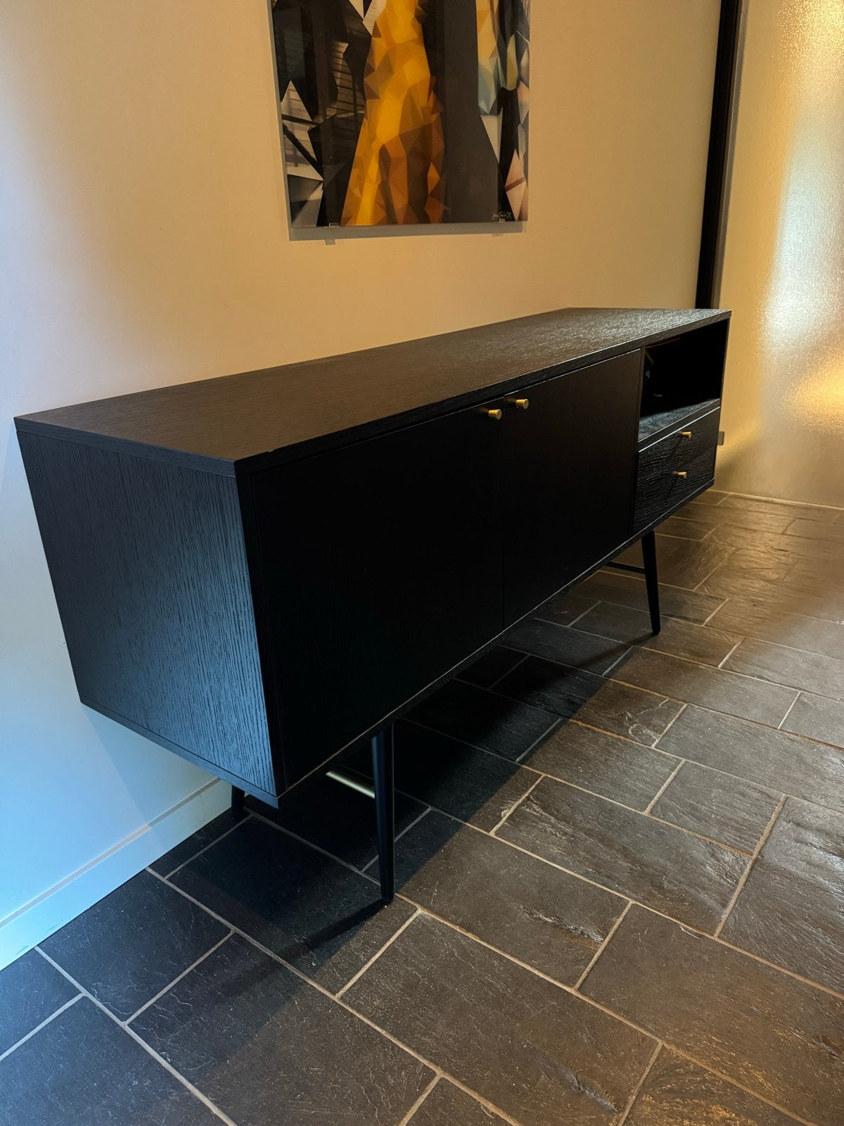 Zwart dressoir met lades en deuren, Ophalen, 150 tot 200 cm, Zo goed als nieuw, Met lade(s)