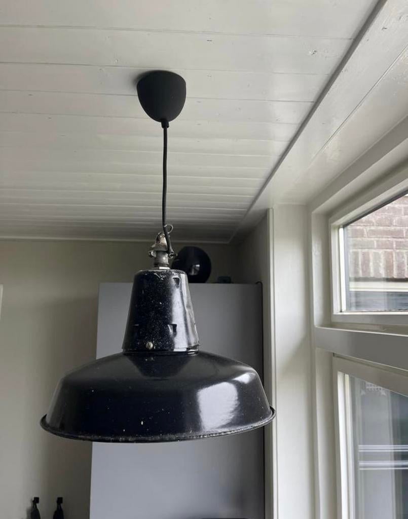 Zwarte brocante vintage emaille hanglamp, Ophalen of Verzenden
