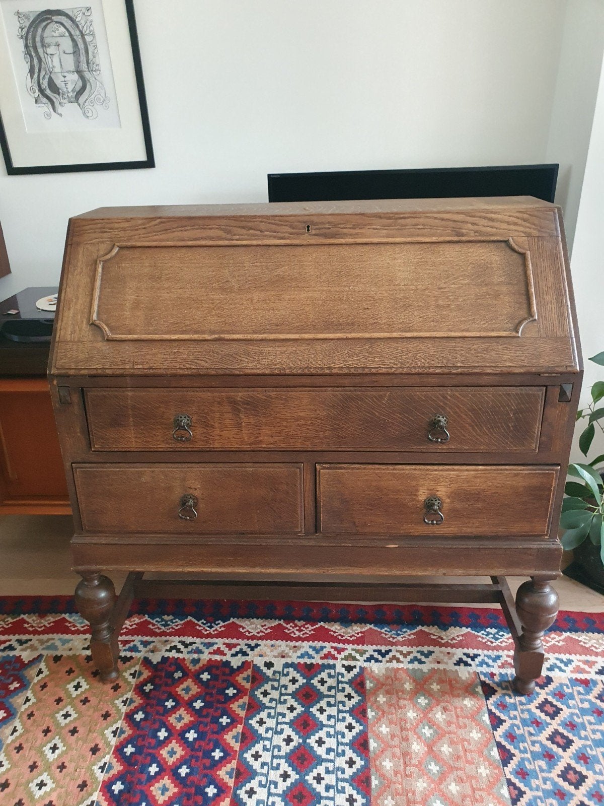 Antiek eikenhouten secretaire met ladeblok, Ophalen
