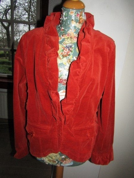 D27 La Ligna mt 42 jasje rib velours terra roezelkraag, Kleding | Dames, Overige kleuren, Verzenden, Maat 42/44 (L), Zo goed als nieuw