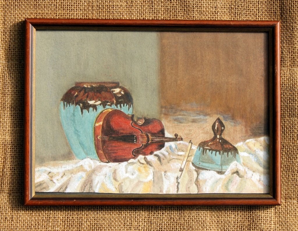 Schilderij stilleven met viool, Antiek en Kunst, Papier/karton, Gelimiteerde oplage, Ophalen of Verzenden, Gemengde techniek