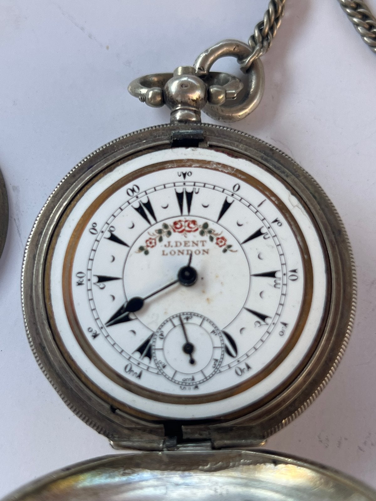 Antiek zilveren zakhorloge J. Dent London - defecte wijzer, Ophalen of Verzenden, Zilver, Overige merken, Met ketting