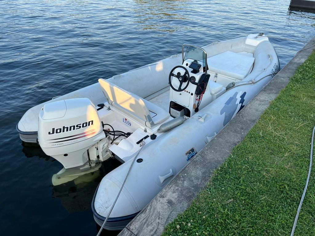 Stabiele Rib speedboot/Johnson 70PK/4takt,Trailer,6pers, Watersport en Boten, Rubberboten, Ophalen, Gebruikt, Benzine, Overige materialen