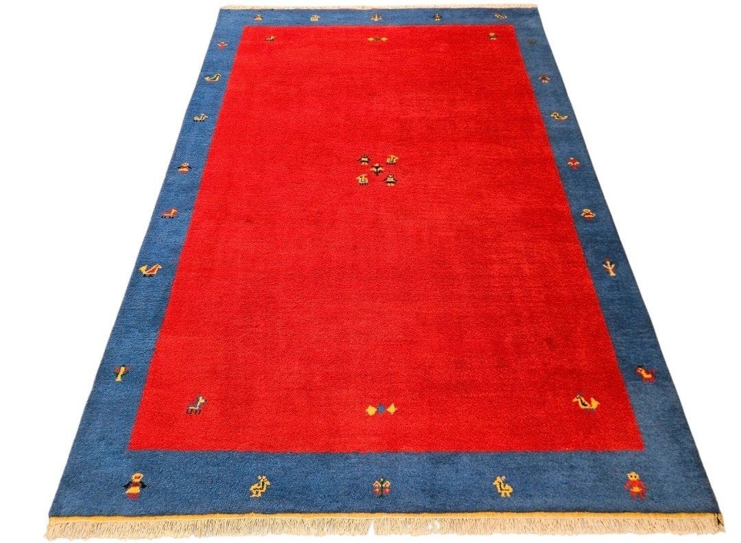 Handgeknoopt oosters wol modern Gabbeh red blue 200x297cm, Geel, ., Gabbeh, India