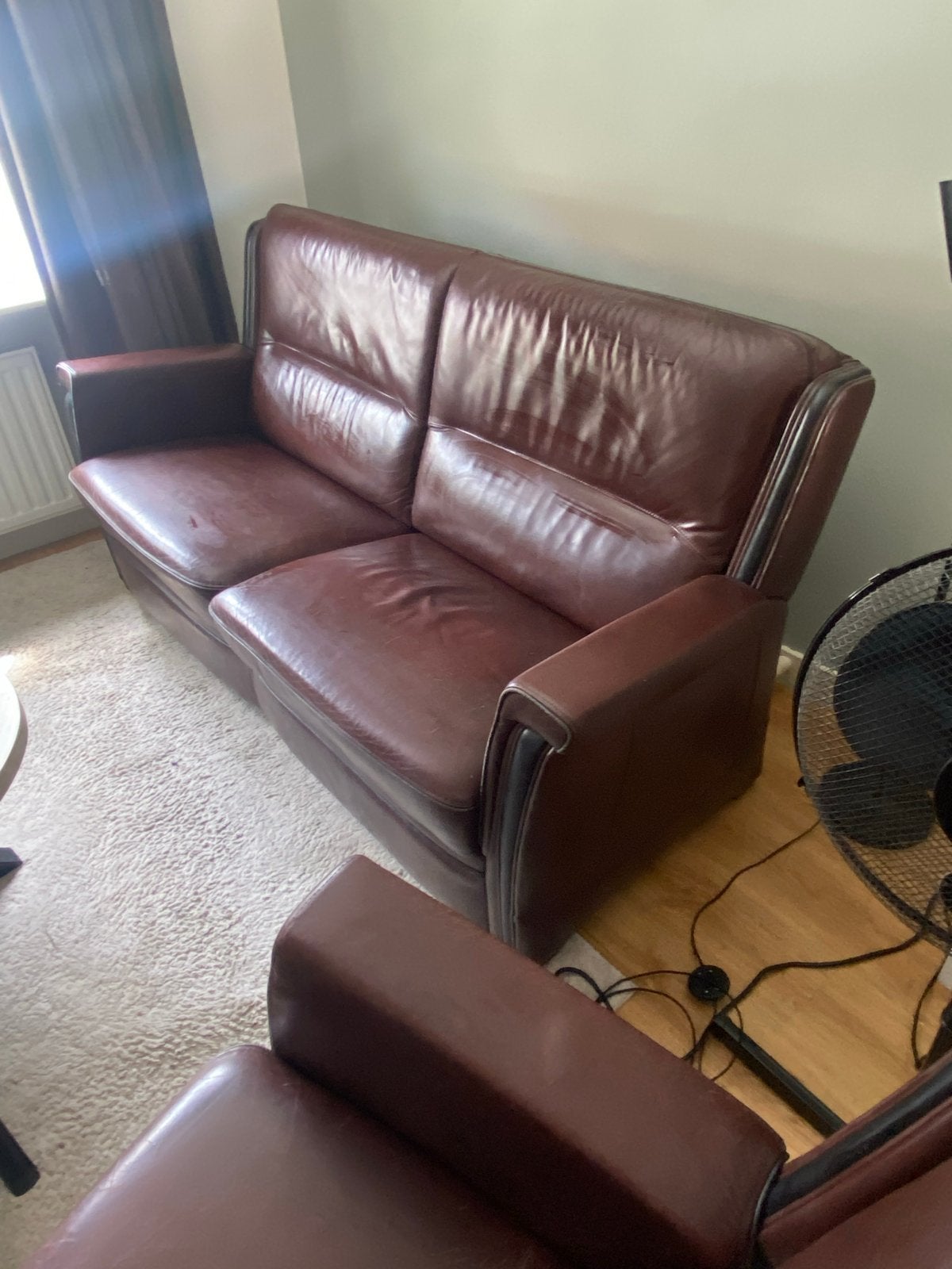 Comfortabele 3-zits bank en fauteuil - Bruin leer, Ophalen, Gebruikt, 150 tot 200 cm, Driepersoons