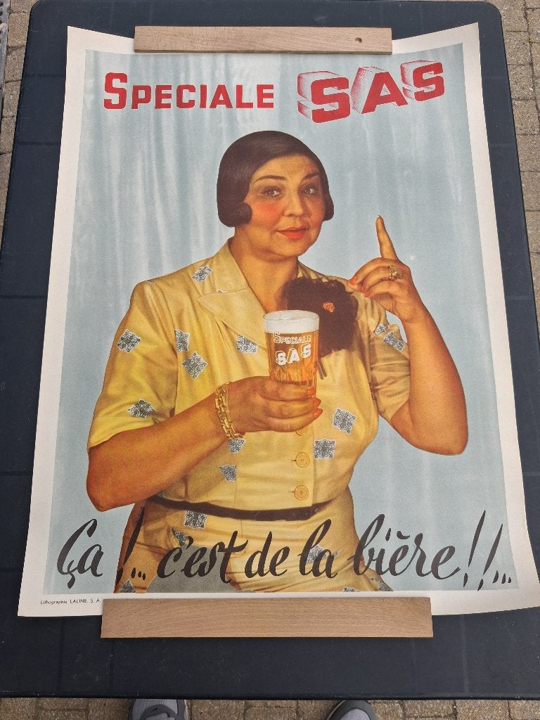 Grote oude affiche BIERE SPECIALE SAS..., Verzamelen, Ophalen of Verzenden, Zo goed als nieuw, Reclamebord