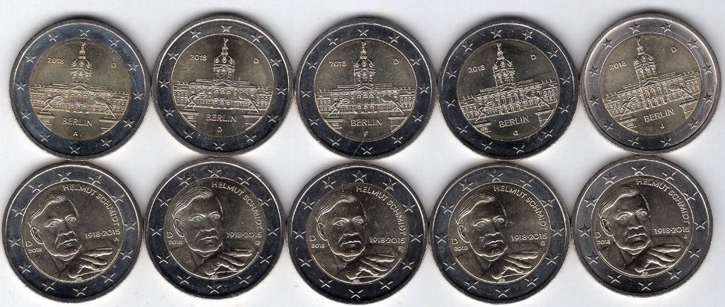 10x 2 euro Dutsland 2018 - 2x set ADFGJ Schmidt/Berlijn UNC, Verzenden, Duitsland, 2 euro, Setje