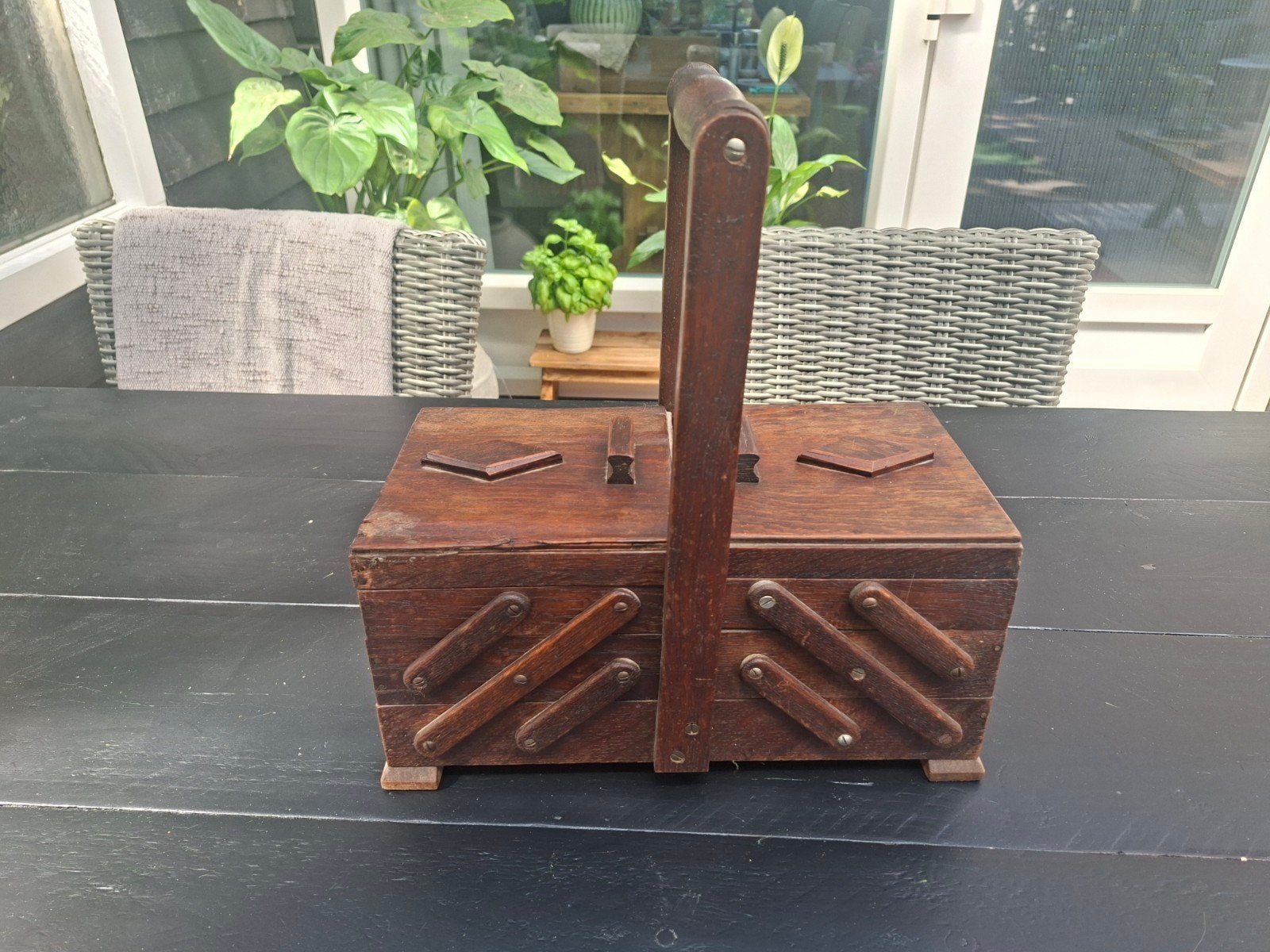 Brocante Naaidoos - Houten Harmonica Naaikist, Ophalen of Verzenden