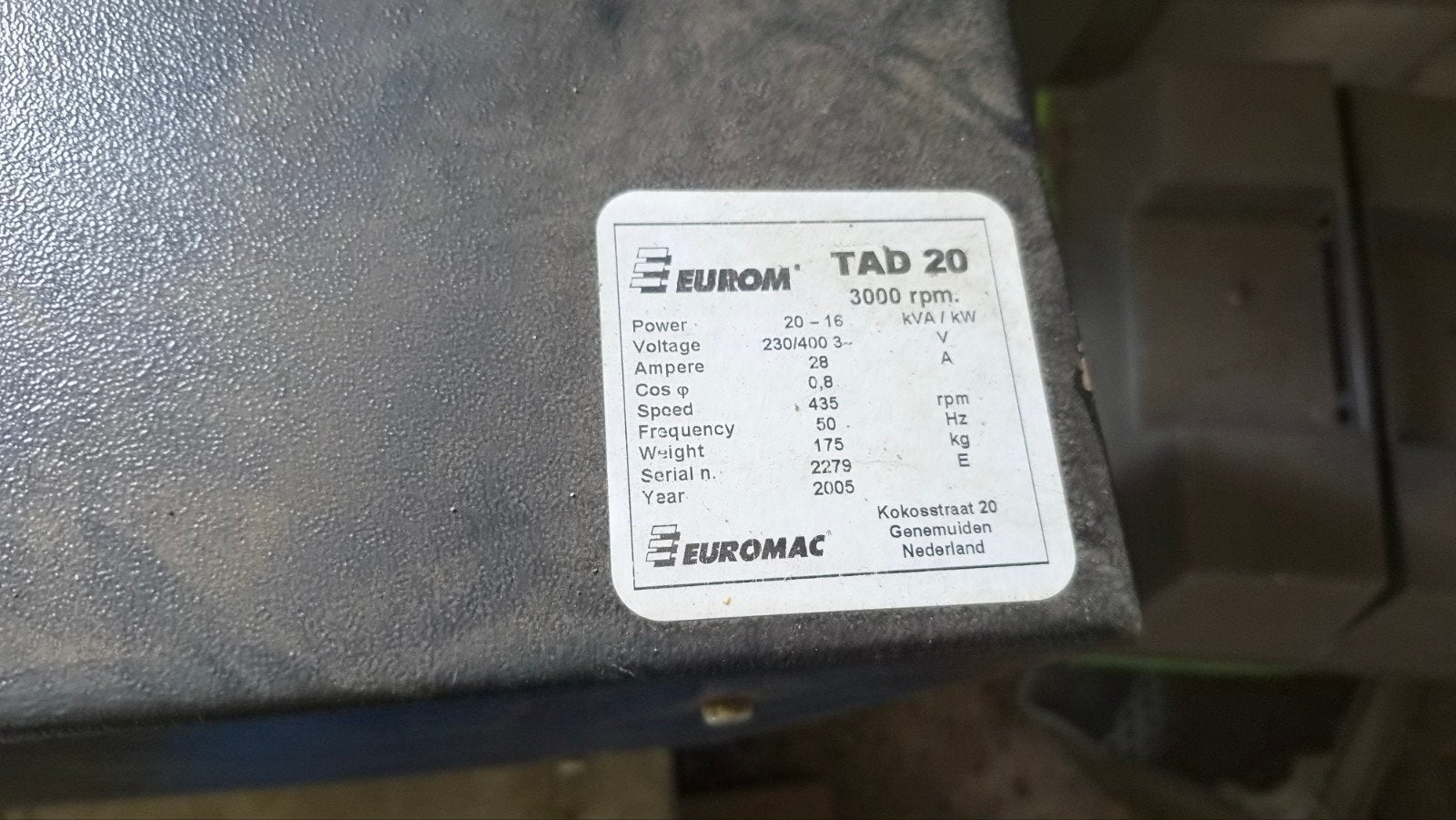 Aggregaat Eurom 20KVA voor achter tractor, Doe-het-zelf en Verbouw, Ophalen, Zo goed als nieuw, 10 tot 30 kVA, Overige typen