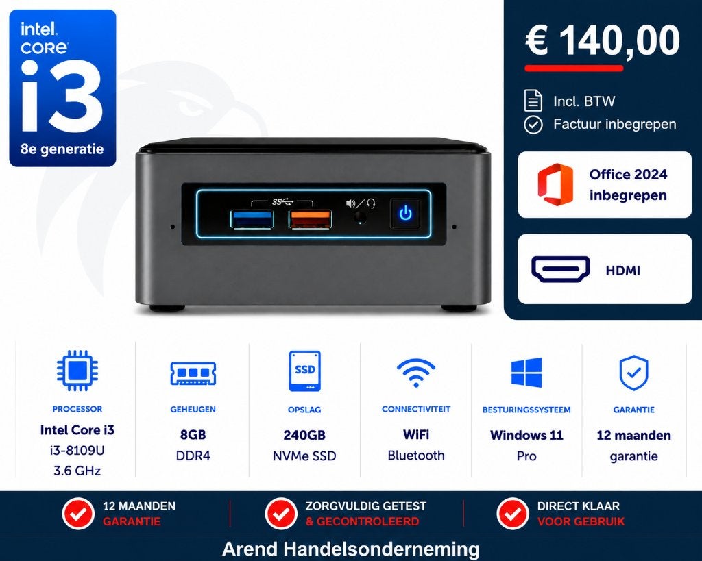 Intel NUC NUC8BEH i3-8109U 3.6GHz 8GB 240GB NVMe Office 24, 8 GB, Intel, Ophalen of Verzenden, SSD
