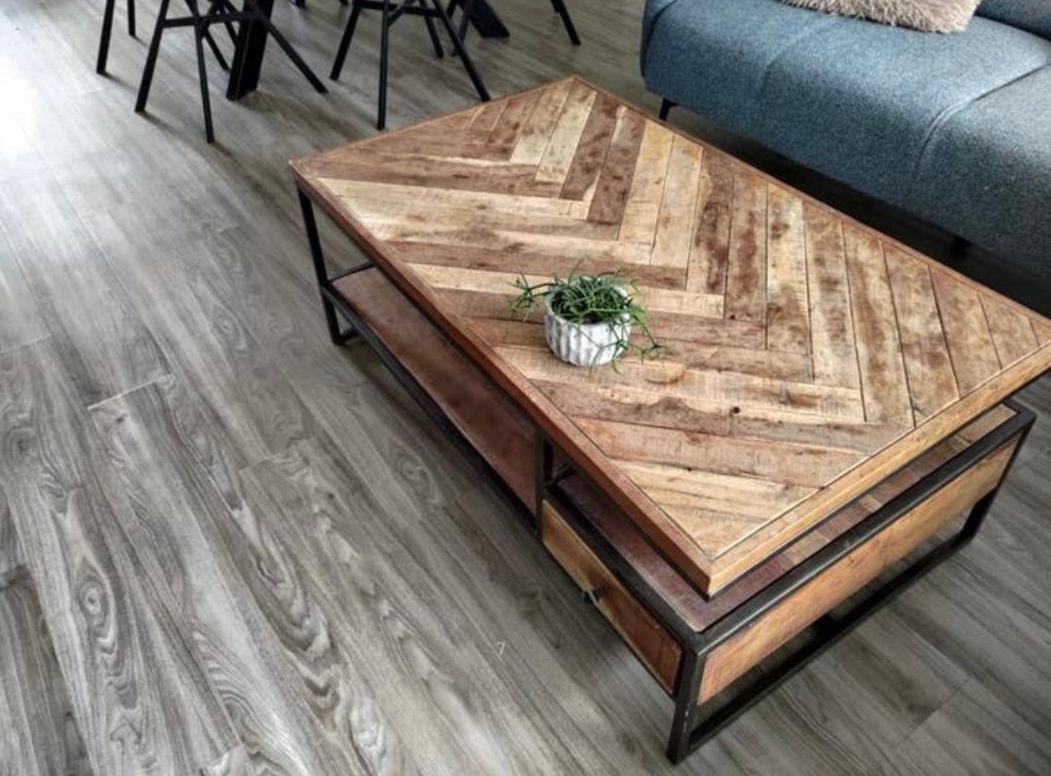 Salontafel hout-metaal, Huis en Inrichting, Tafels | Salontafels, Gebruikt, Minder dan 50 cm, 50 tot 100 cm, 100 tot 150 cm, Rechthoekig