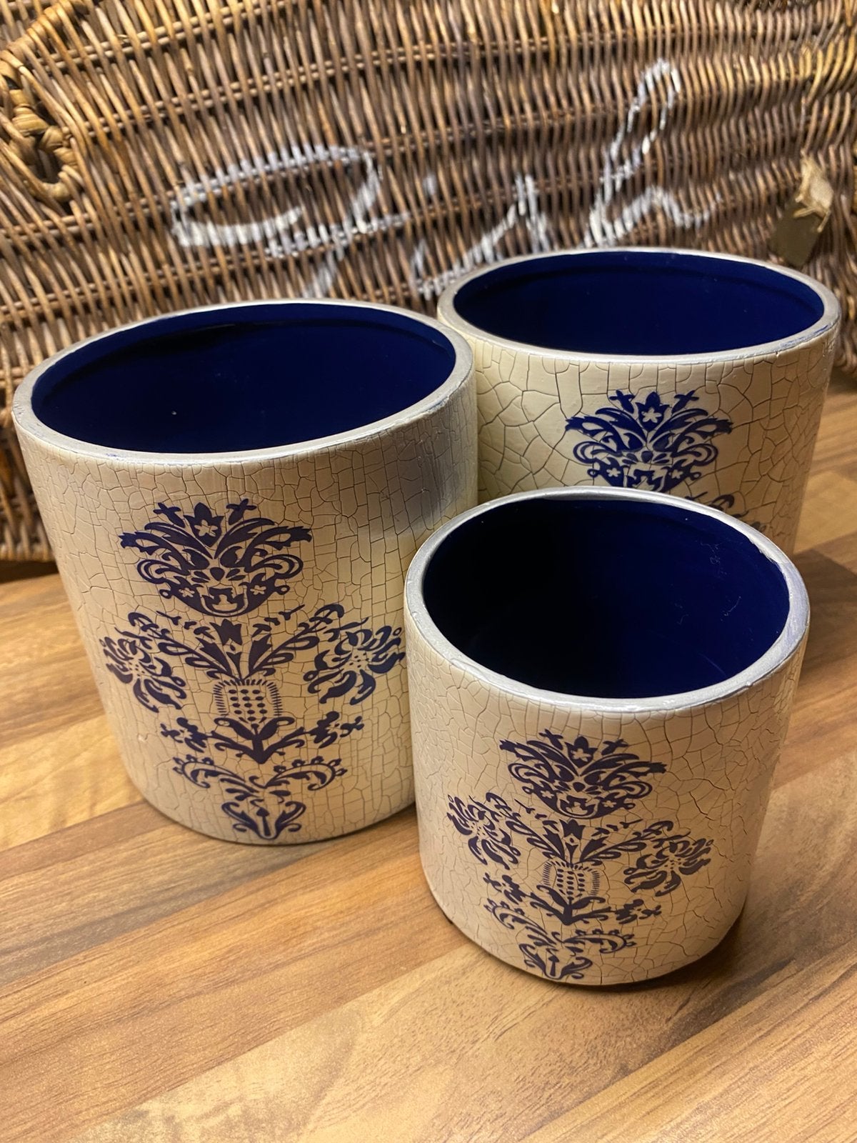 Set vintage stijl bloempotten.Kobaltblauw/Crème Craquelé, Tuin en Terras, Rond, Ophalen of Verzenden, Zo goed als nieuw, Aardewerk