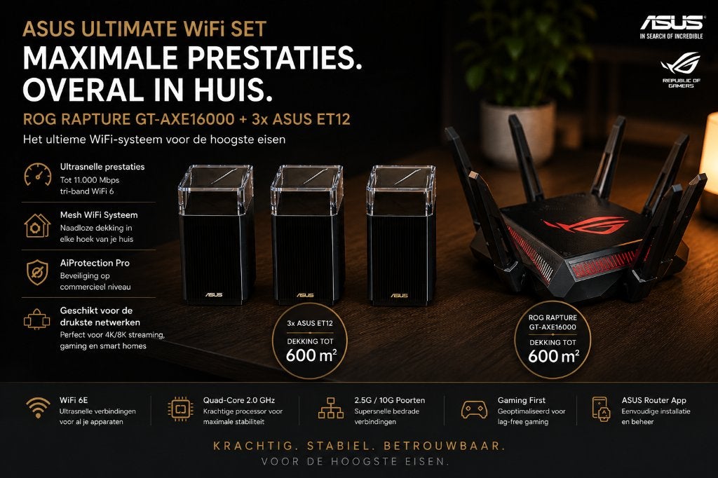 ASUS ROG Rapture GT-AXE16000 + 3 x ET12 Pro Mesh Wifi verst., Computers en Software, Routers en Modems, Ophalen of Verzenden, Zo goed als nieuw