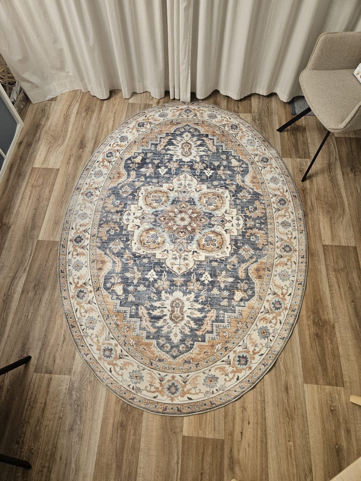 Ovaal vloerkleed met Perzisch patroon - Blauw/Beige, Blauw, 150 tot 200 cm, Klassiek, Perzisch, Oosters, 200 cm of meer