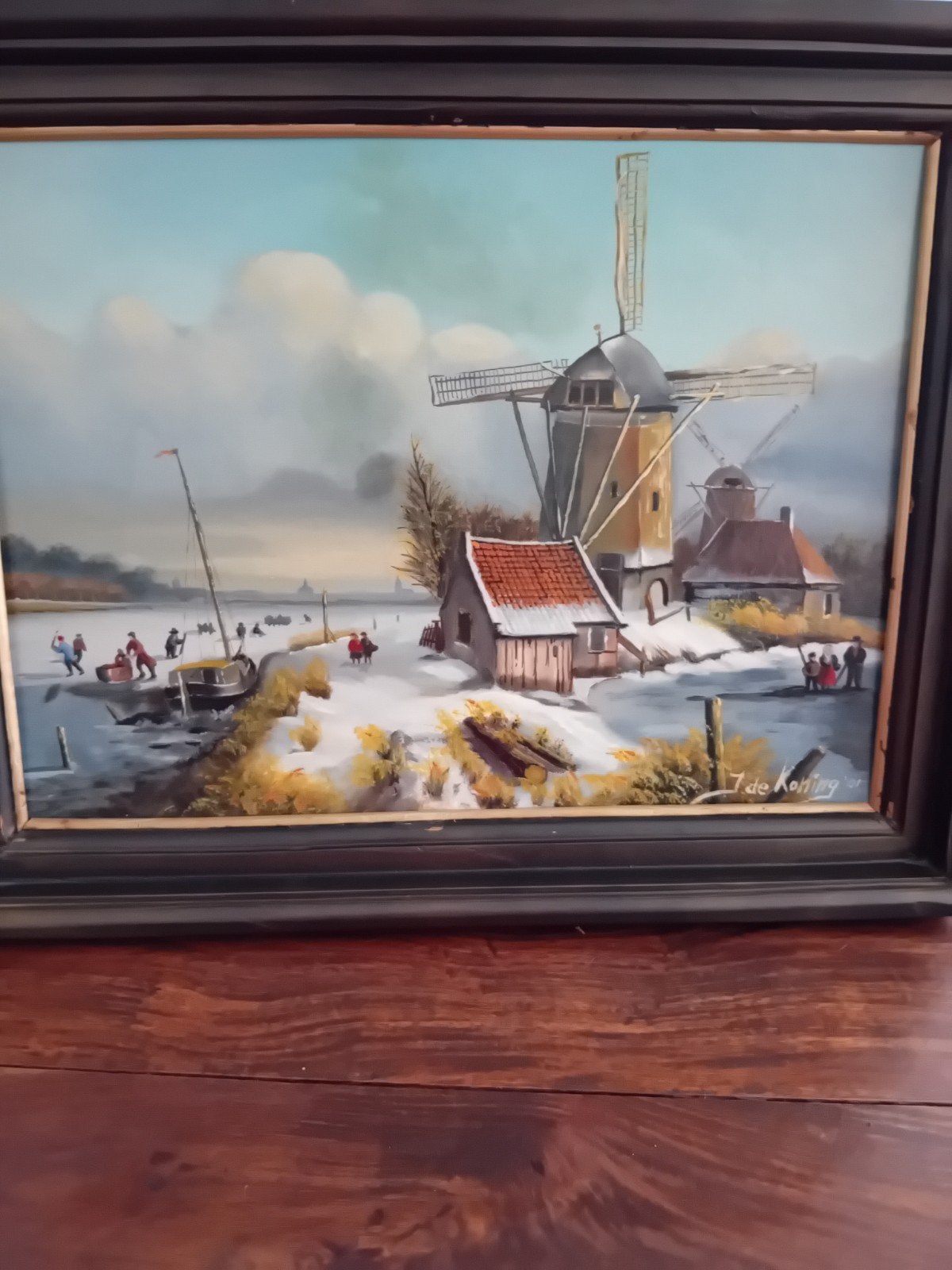 Schilderij Hollands Winterlandschap met Molens en Schaatsers, Ophalen, Doek, Origineel werk, Landschap