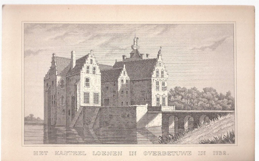Slijk / Ewijk Het Kasteel Loenen in Overbetuwe in 1732, Architectuur, Ophalen of Verzenden, 14 cm, Lithografie