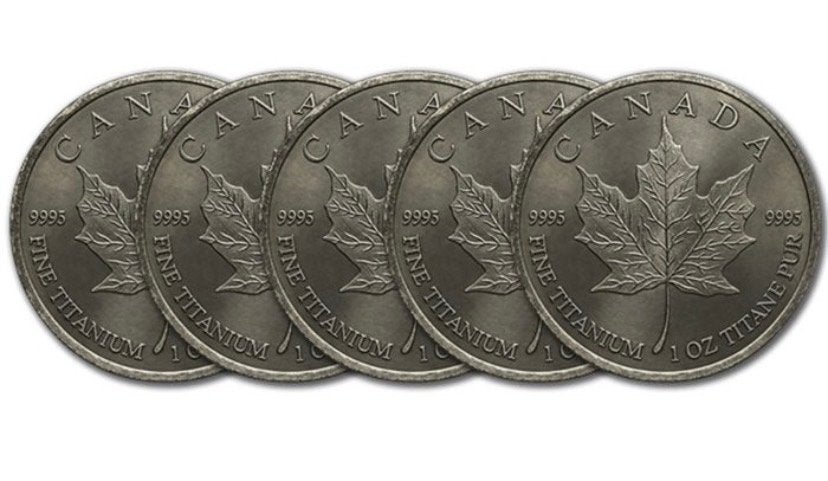 5x Canadese Maple Leaf 1 oz Fijn Titanium Munten, Ophalen, Overige landen, Setje